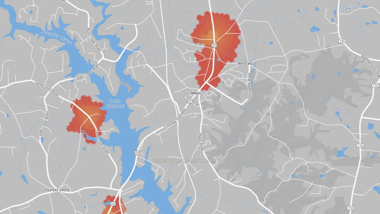 Walk Grade map of 29368, SC, walkable areas in green and car-dependent areas in red