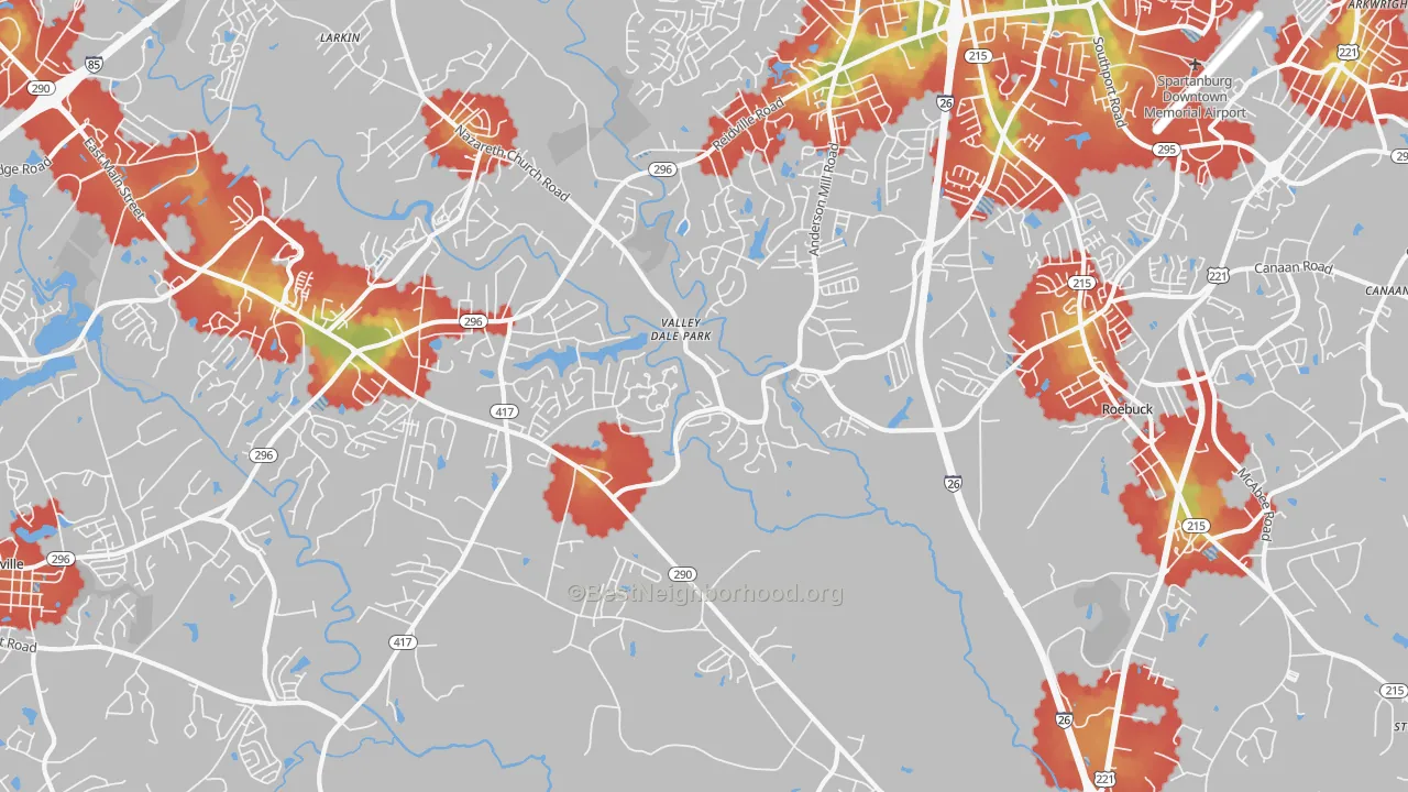 Walk Grade map of 29369, SC, walkable areas in green and car-dependent areas in red