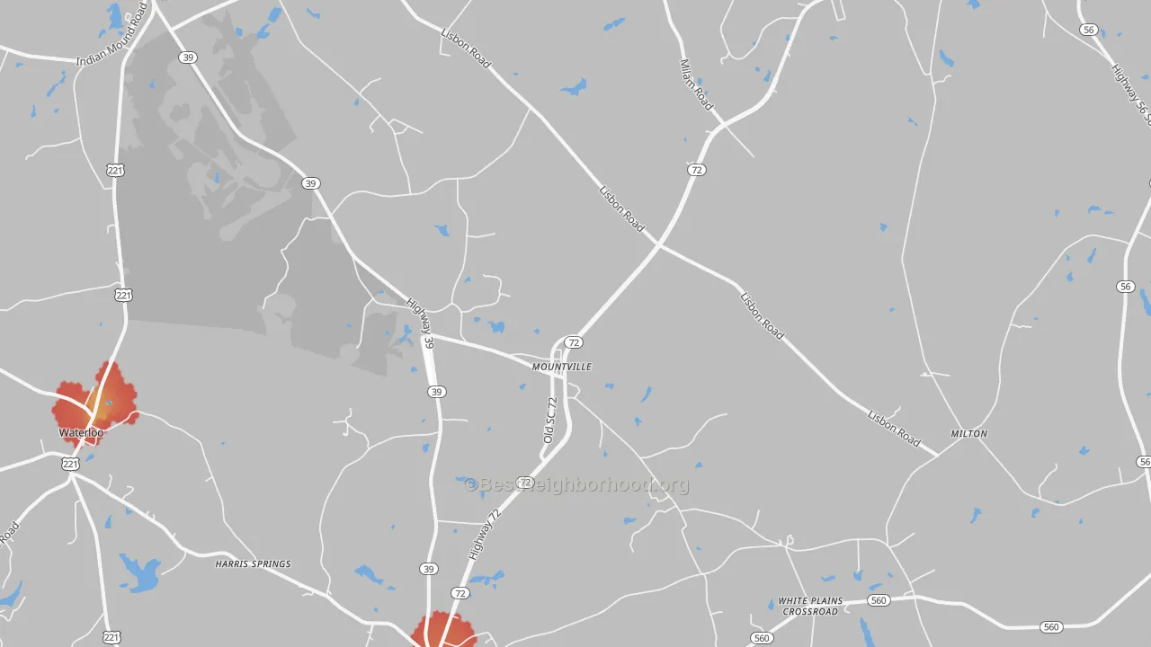 Walk Grade map of 29370, SC, walkable areas in green and car-dependent areas in red