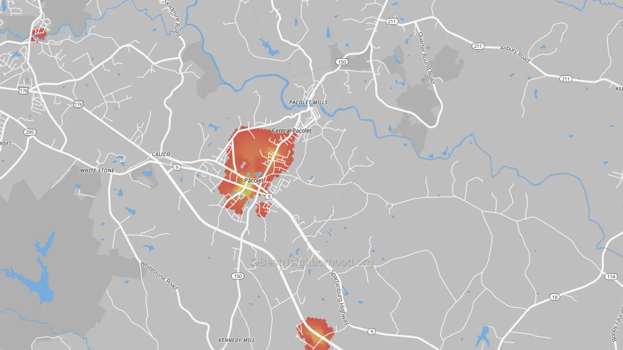 Walk Grade map of 29372, SC, walkable areas in green and car-dependent areas in red