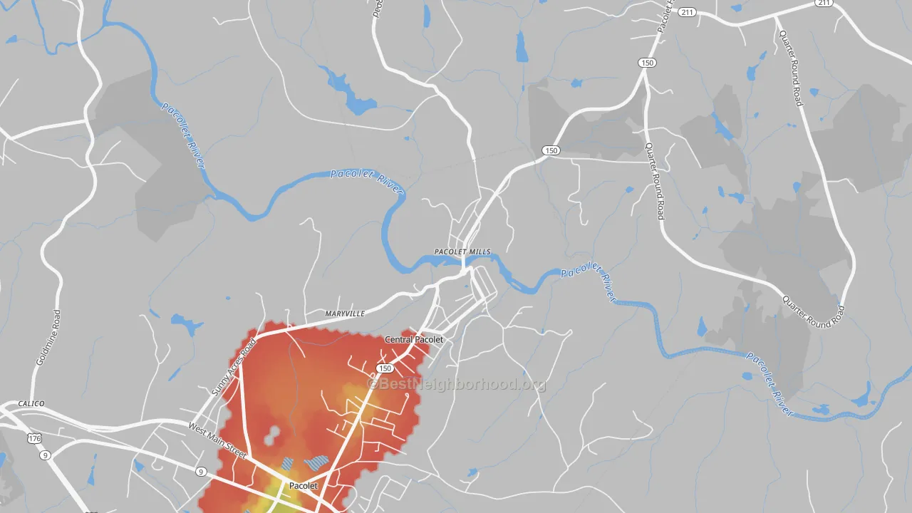 Walk Grade map of 29373, SC, walkable areas in green and car-dependent areas in red