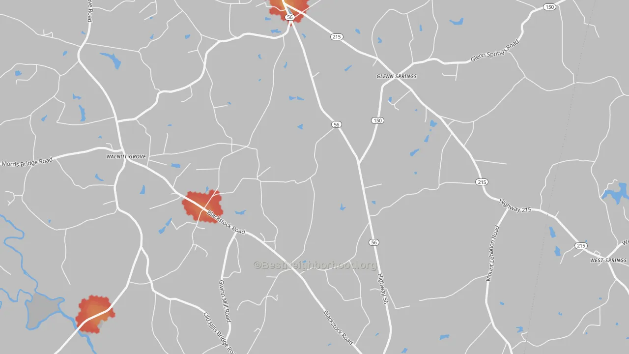 Walk Grade map of 29374, SC, walkable areas in green and car-dependent areas in red