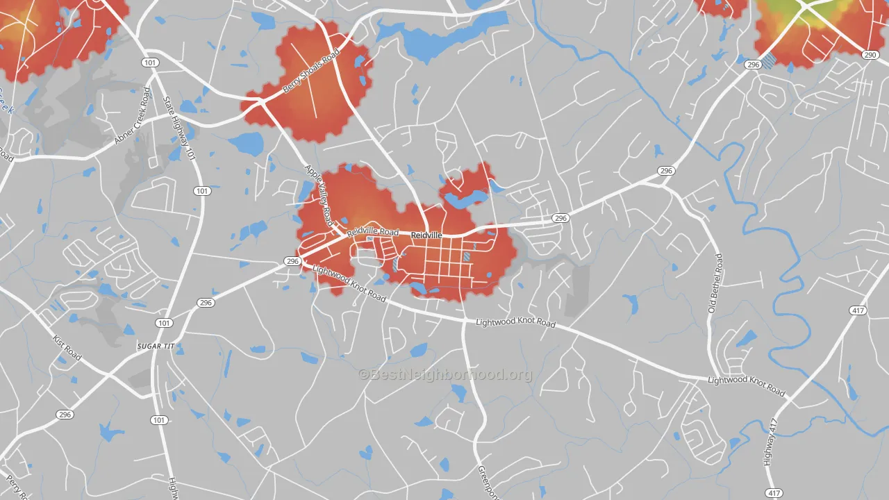 Walk Grade map of 29375, SC, walkable areas in green and car-dependent areas in red