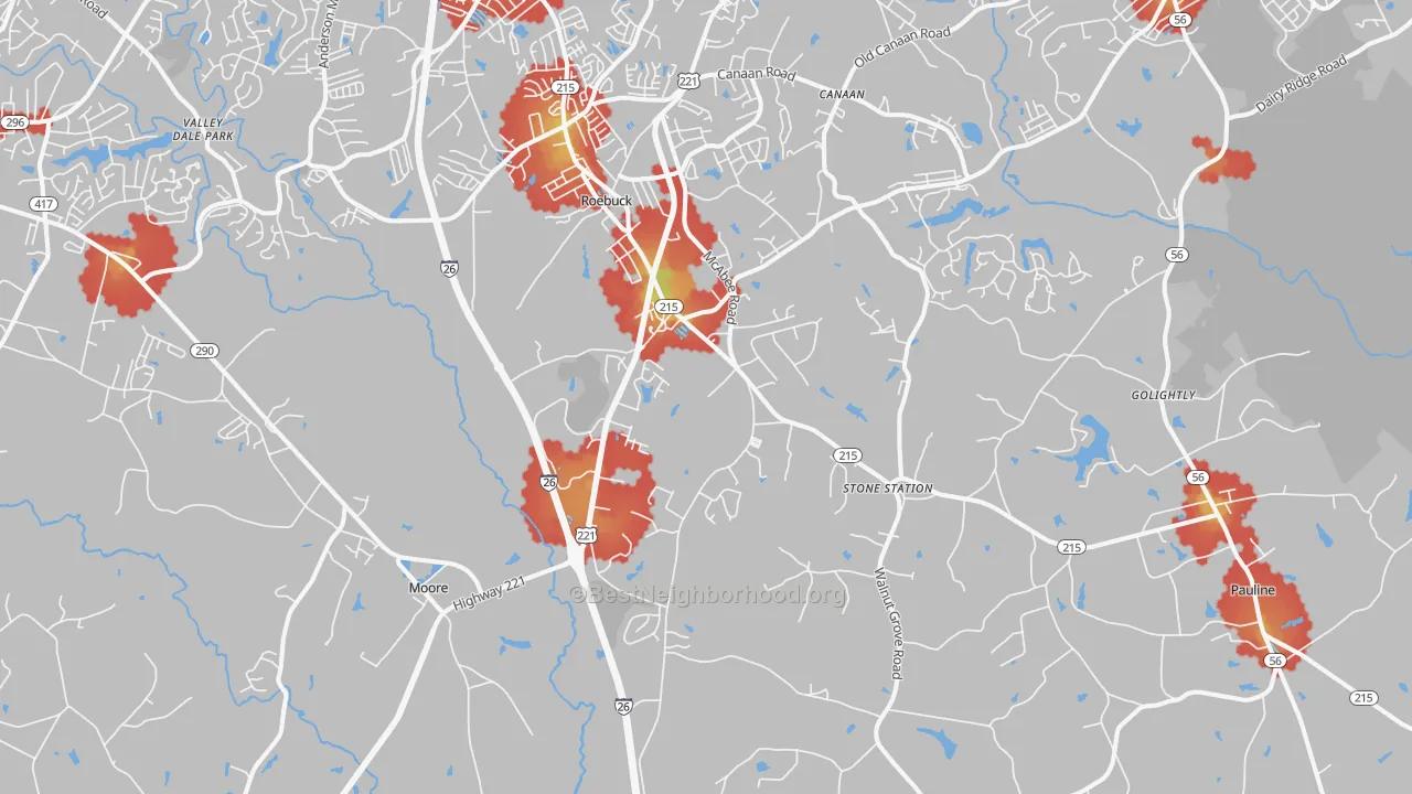 Walk Grade map of 29376, SC, walkable areas in green and car-dependent areas in red