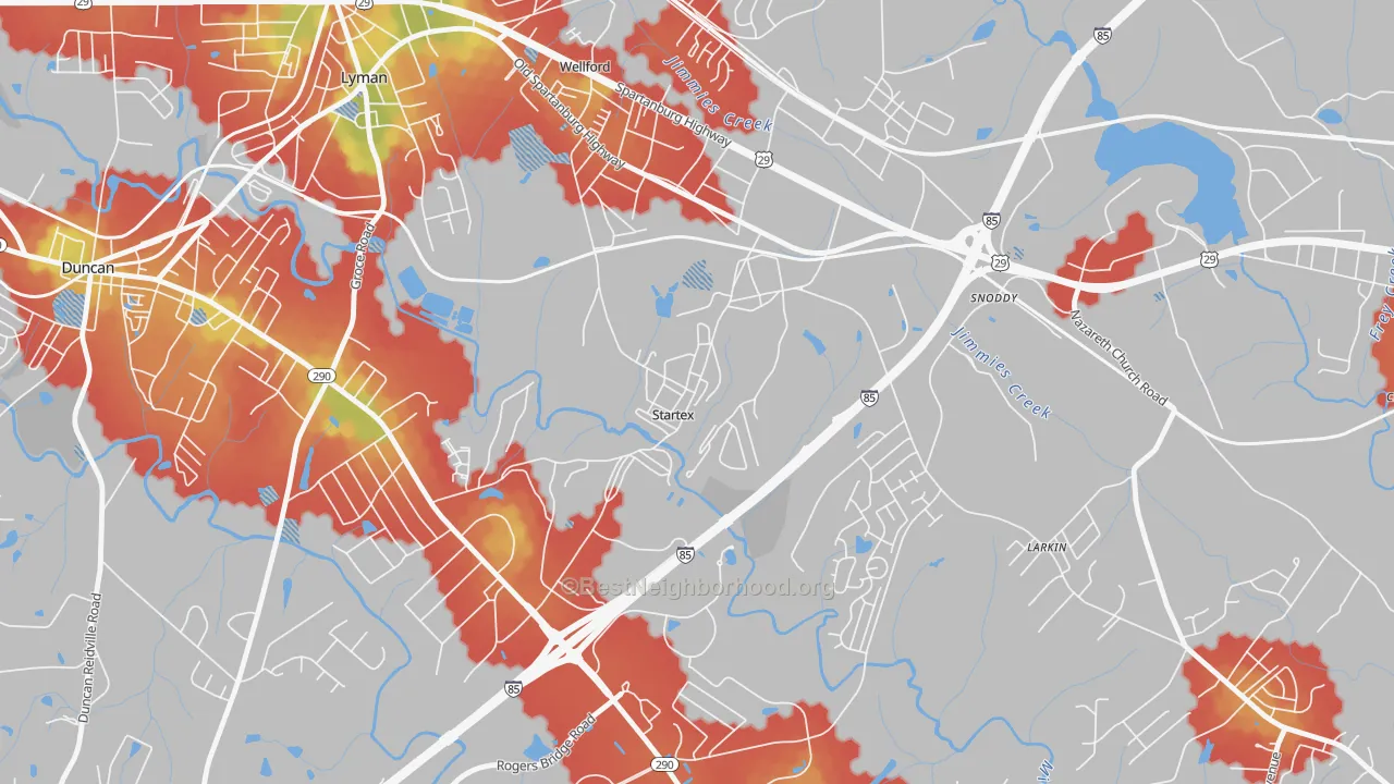 Walk Grade map of 29377, SC, walkable areas in green and car-dependent areas in red