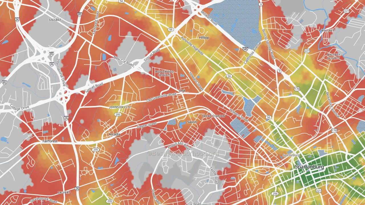 Walk Grade map of 29378, SC, walkable areas in green and car-dependent areas in red