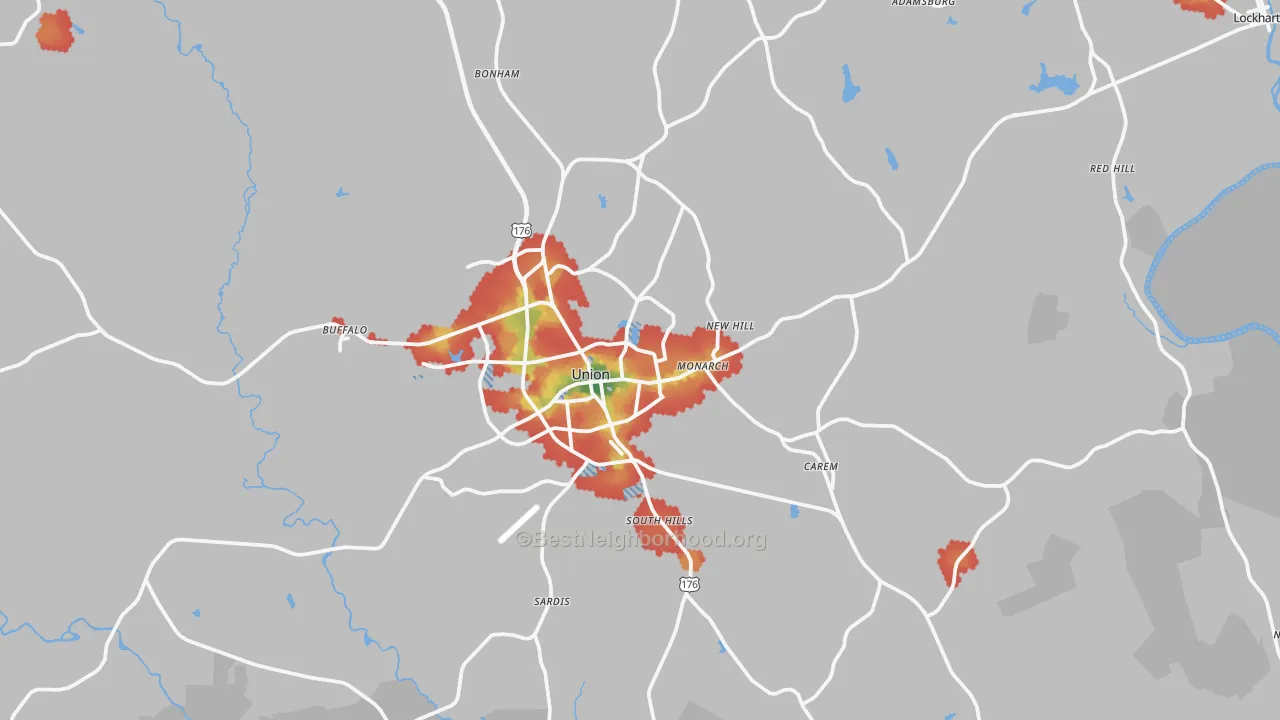 Walk Grade map of 29379, SC, walkable areas in green and car-dependent areas in red