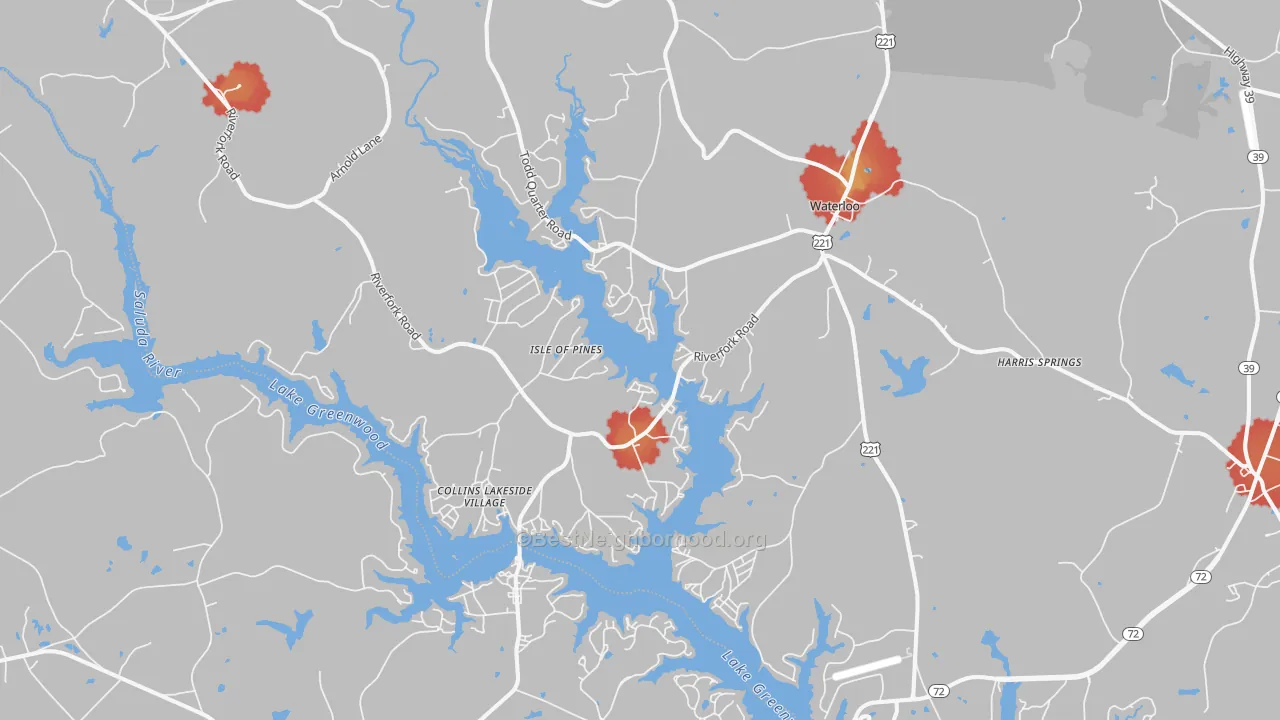 Walk Grade map of 29384, SC, walkable areas in green and car-dependent areas in red