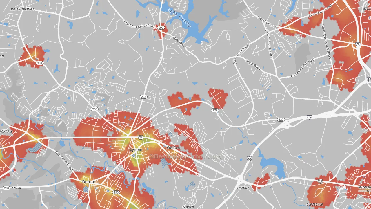 Walk Grade map of 29385, SC, walkable areas in green and car-dependent areas in red