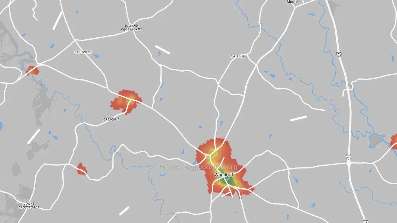 Walk Grade map of 29388, SC, walkable areas in green and car-dependent areas in red