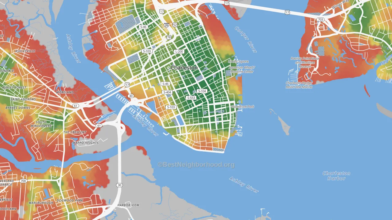 Walk Grade map of 29401, SC, walkable areas in green and car-dependent areas in red