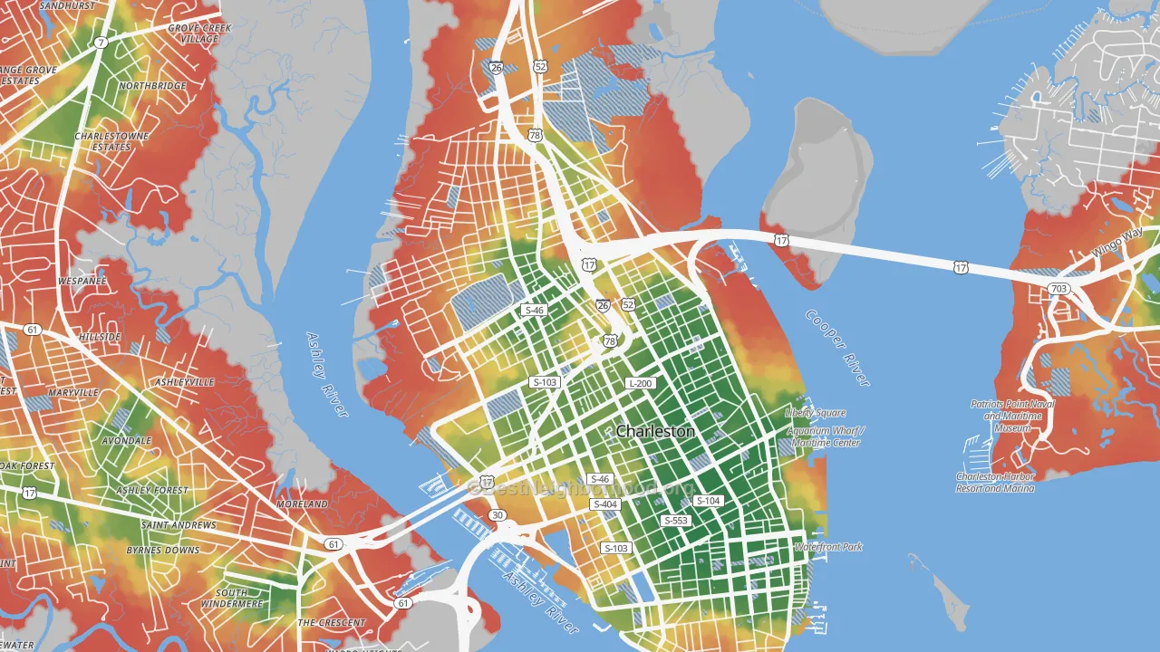 Walk Grade map of 29403, SC, walkable areas in green and car-dependent areas in red