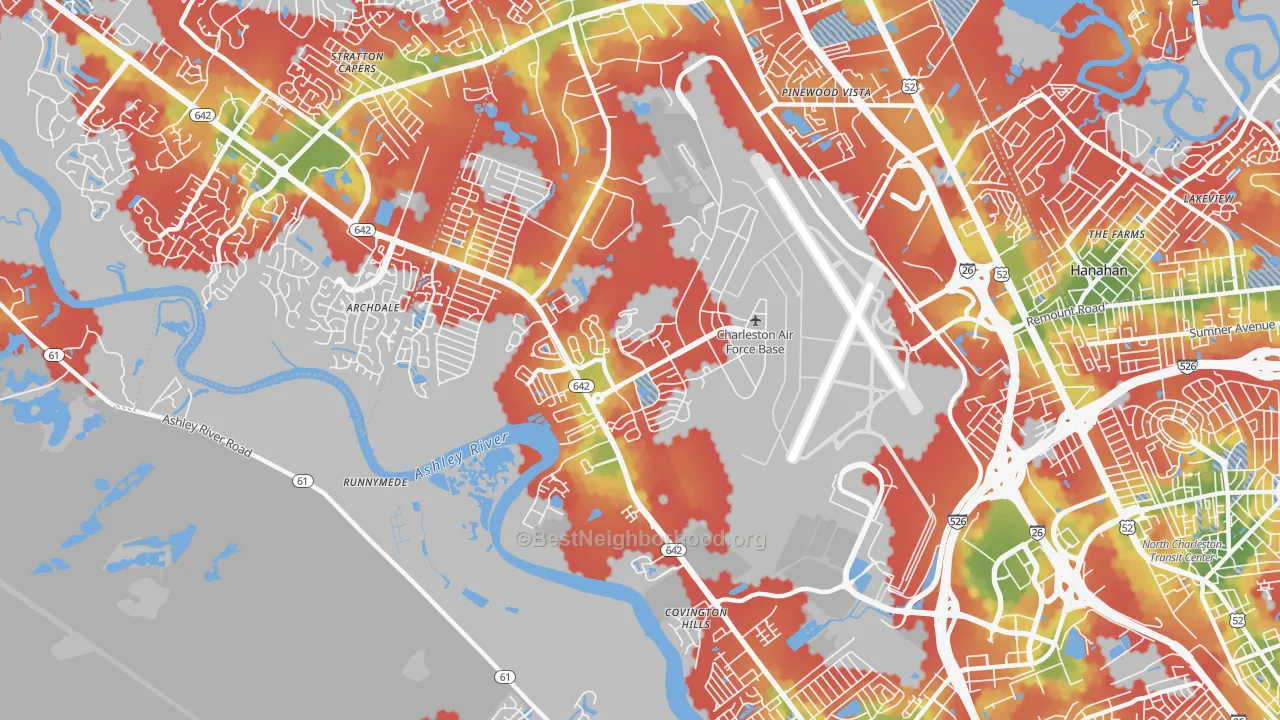 Walk Grade map of 29404, SC, walkable areas in green and car-dependent areas in red