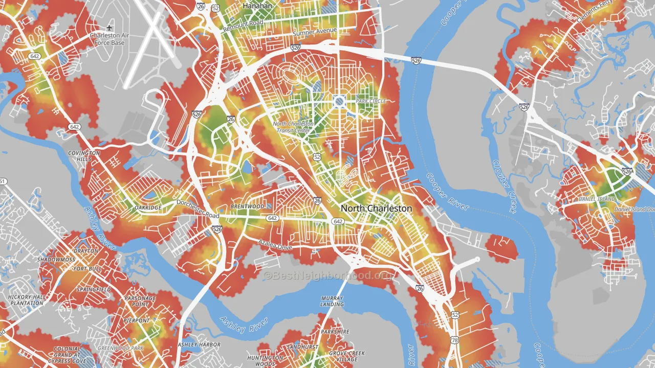 Walk Grade map of 29405, SC, walkable areas in green and car-dependent areas in red