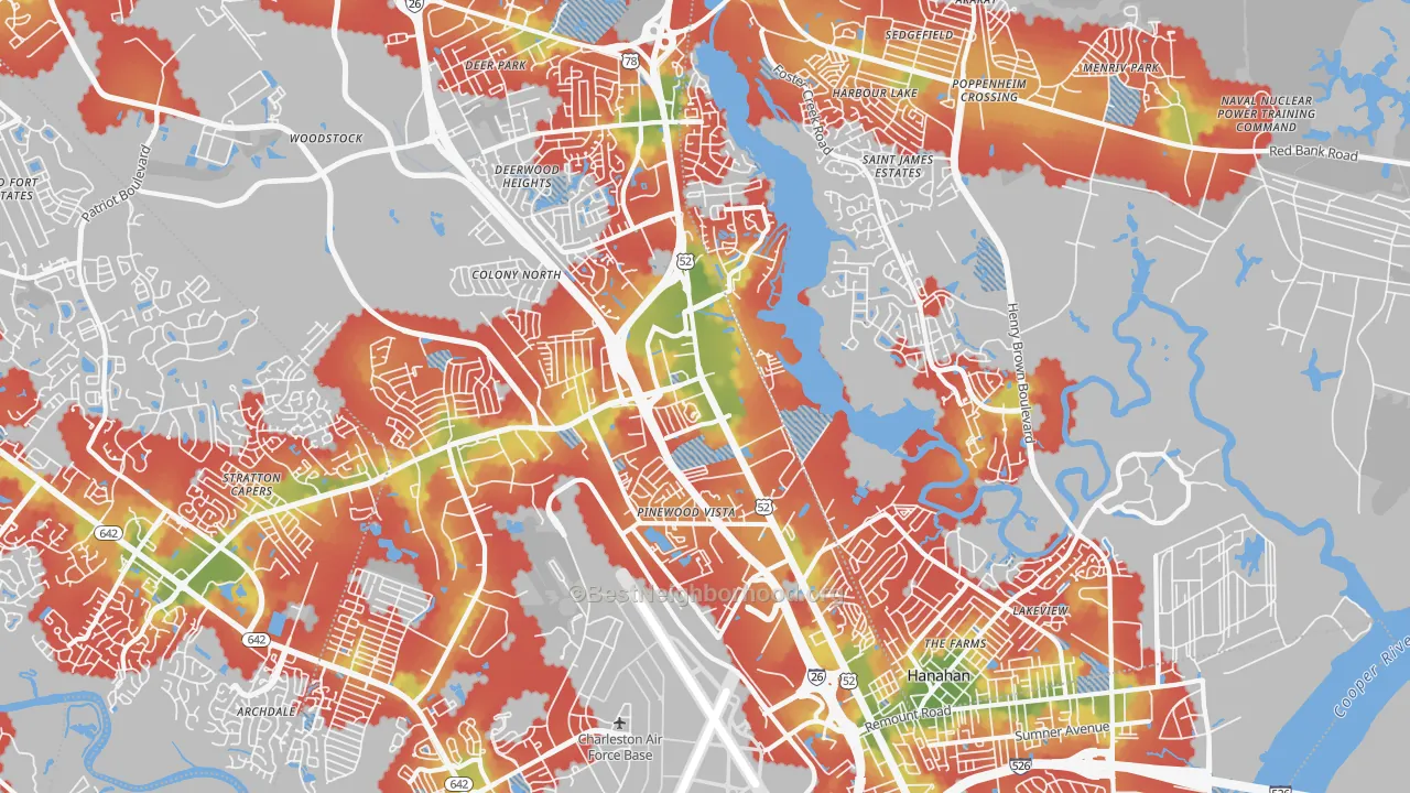 Walk Grade map of 29406, SC, walkable areas in green and car-dependent areas in red