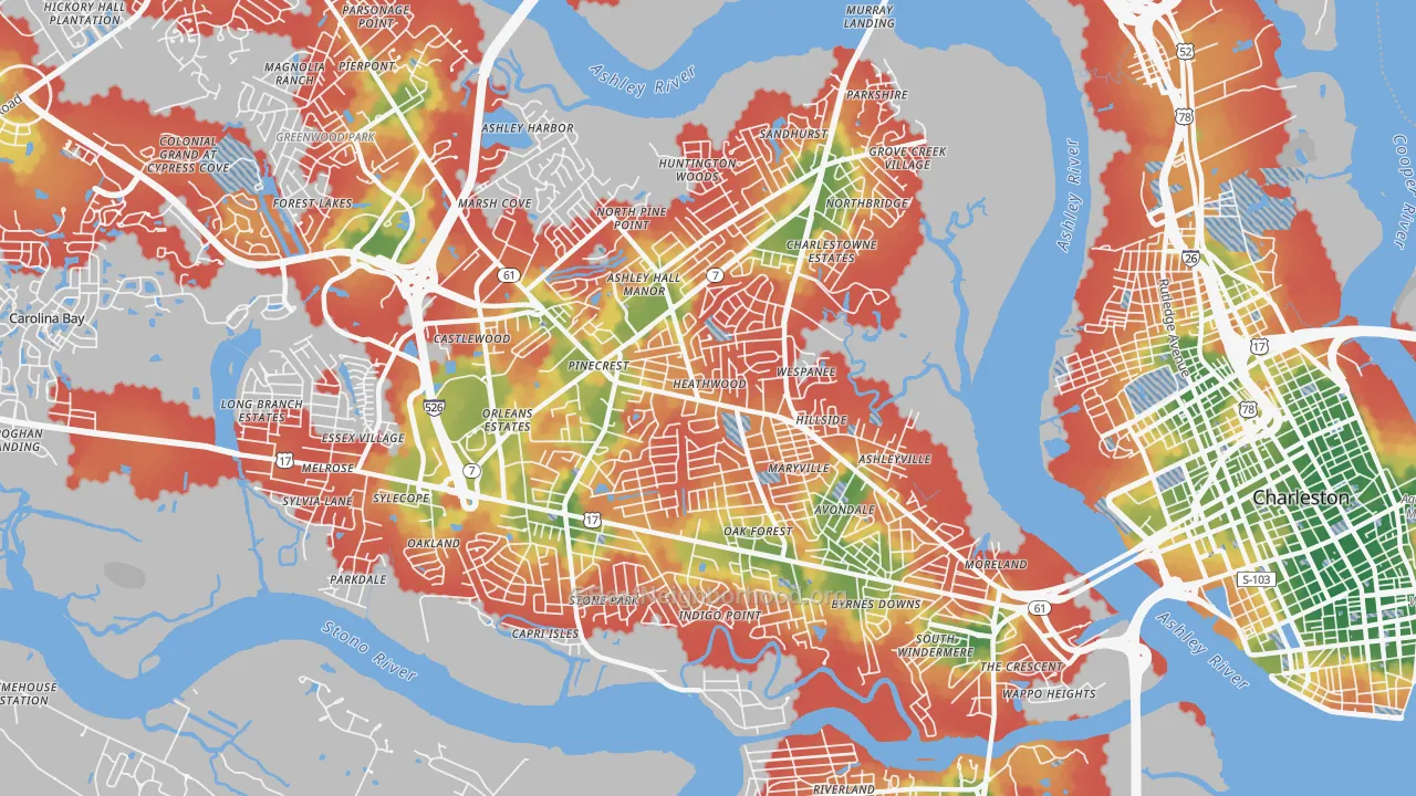 Walk Grade map of 29407, SC, walkable areas in green and car-dependent areas in red