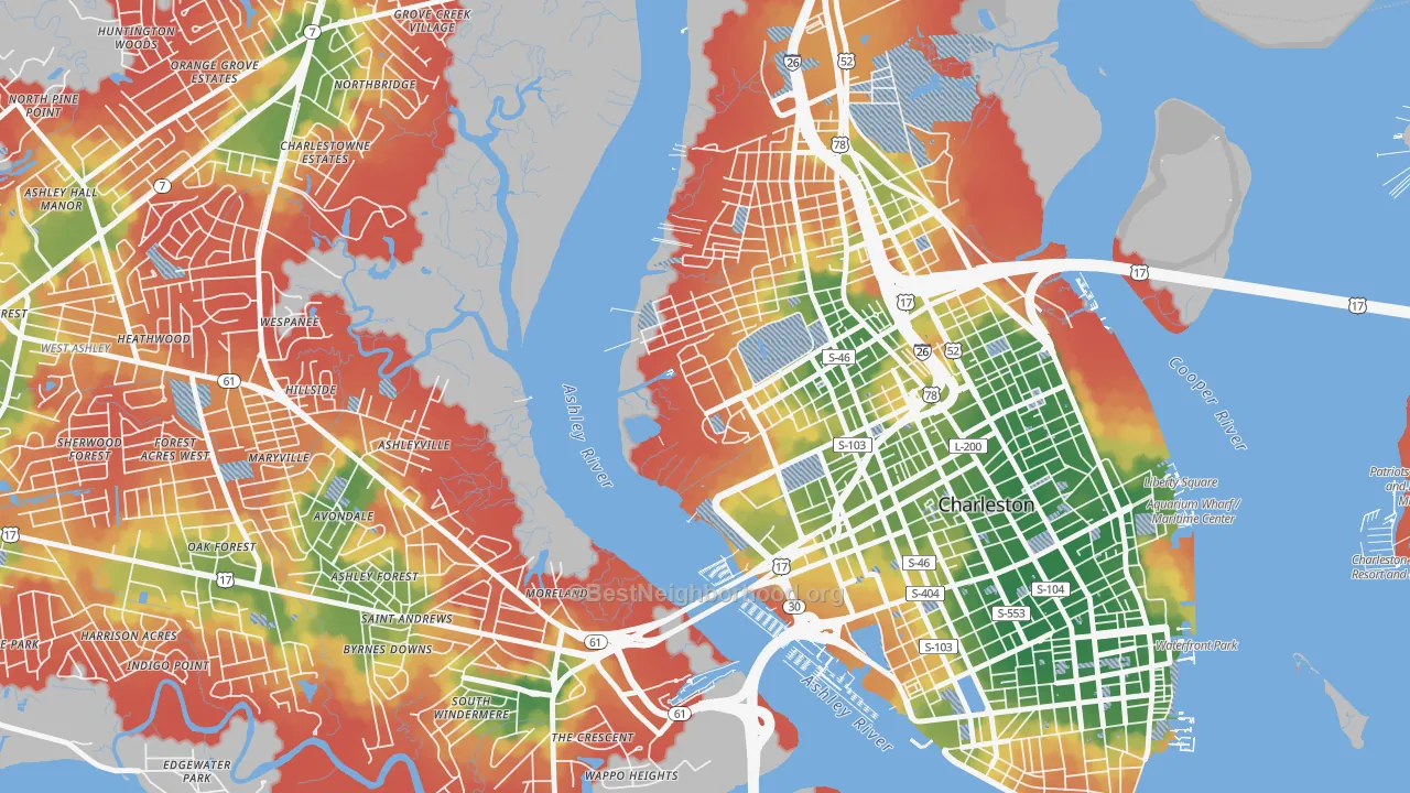 Walk Grade map of 29409, SC, walkable areas in green and car-dependent areas in red
