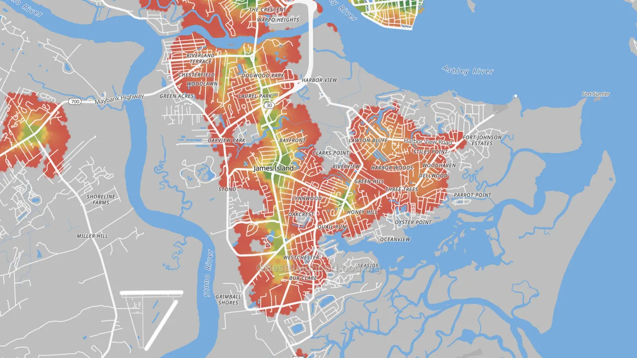 Walk Grade map of 29412, SC, walkable areas in green and car-dependent areas in red