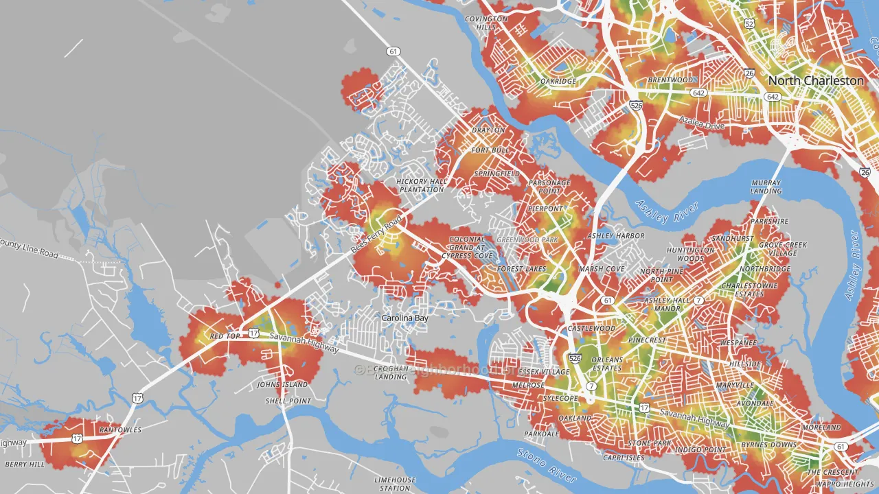 Walk Grade map of 29414, SC, walkable areas in green and car-dependent areas in red