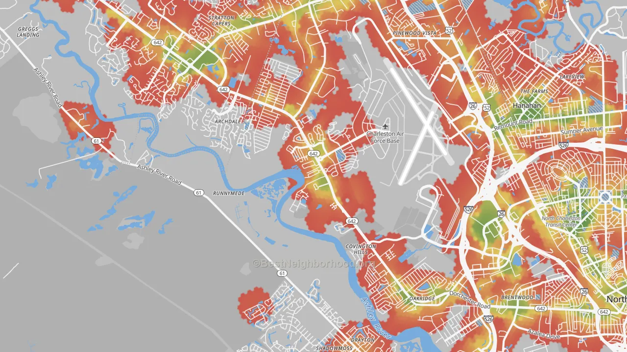 Walk Grade map of 29418, SC, walkable areas in green and car-dependent areas in red