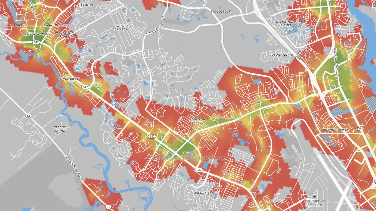 Walk Grade map of 29420, SC, walkable areas in green and car-dependent areas in red