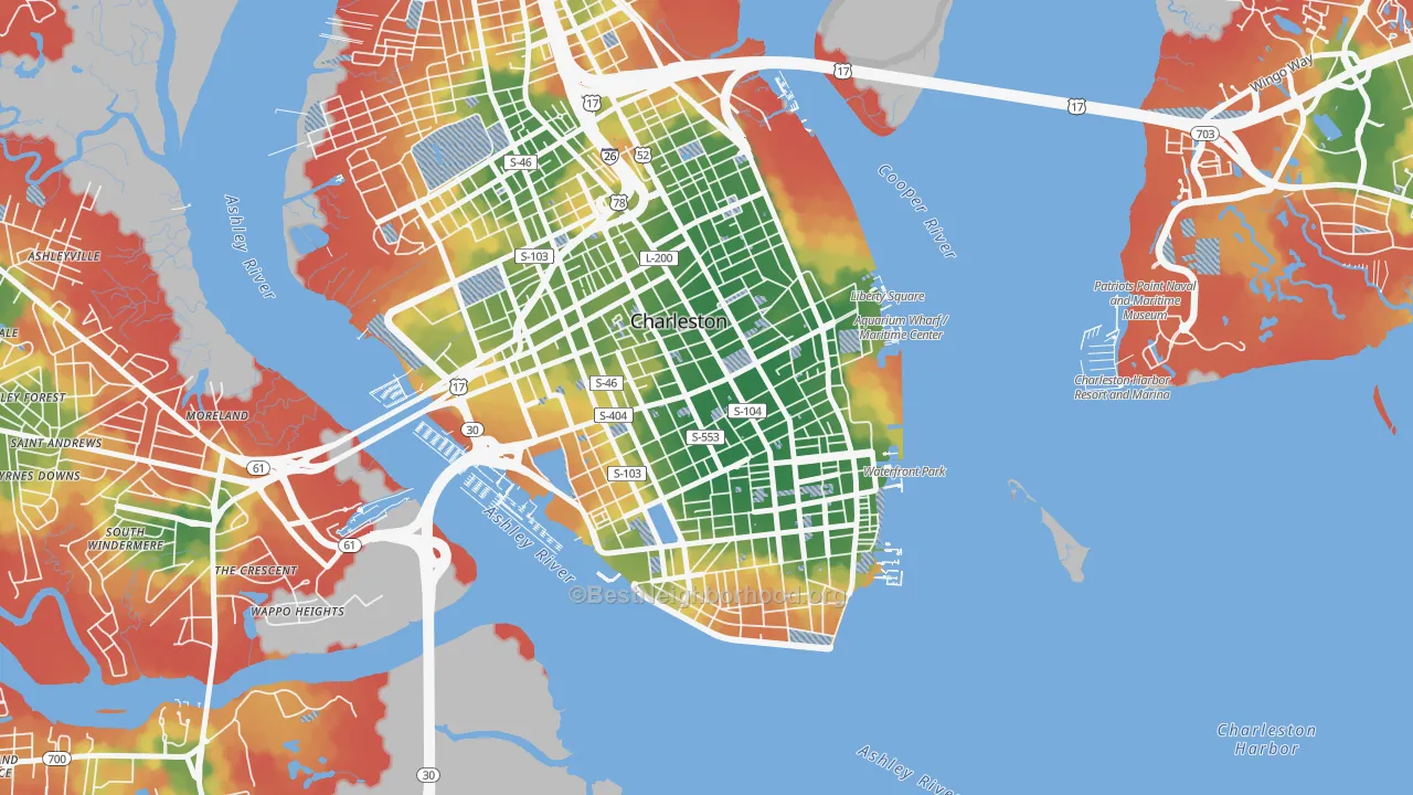 Walk Grade map of 29424, SC, walkable areas in green and car-dependent areas in red