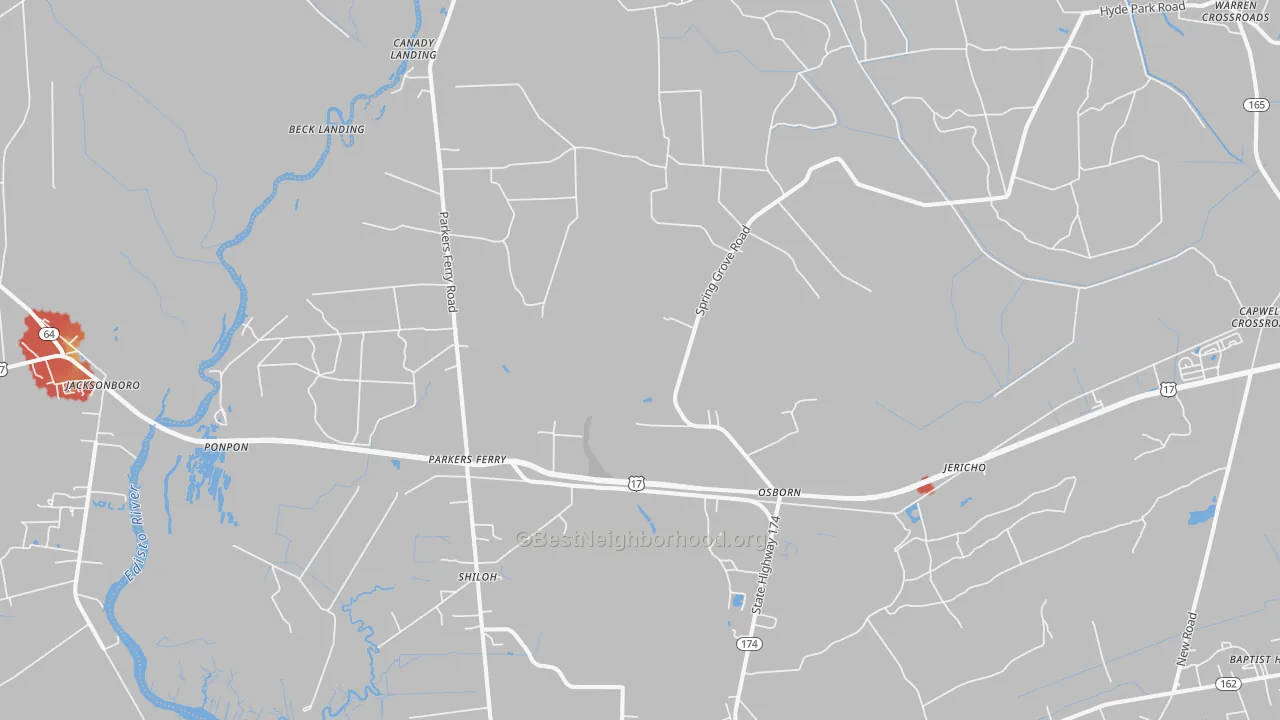 Walk Grade map of 29426, SC, walkable areas in green and car-dependent areas in red