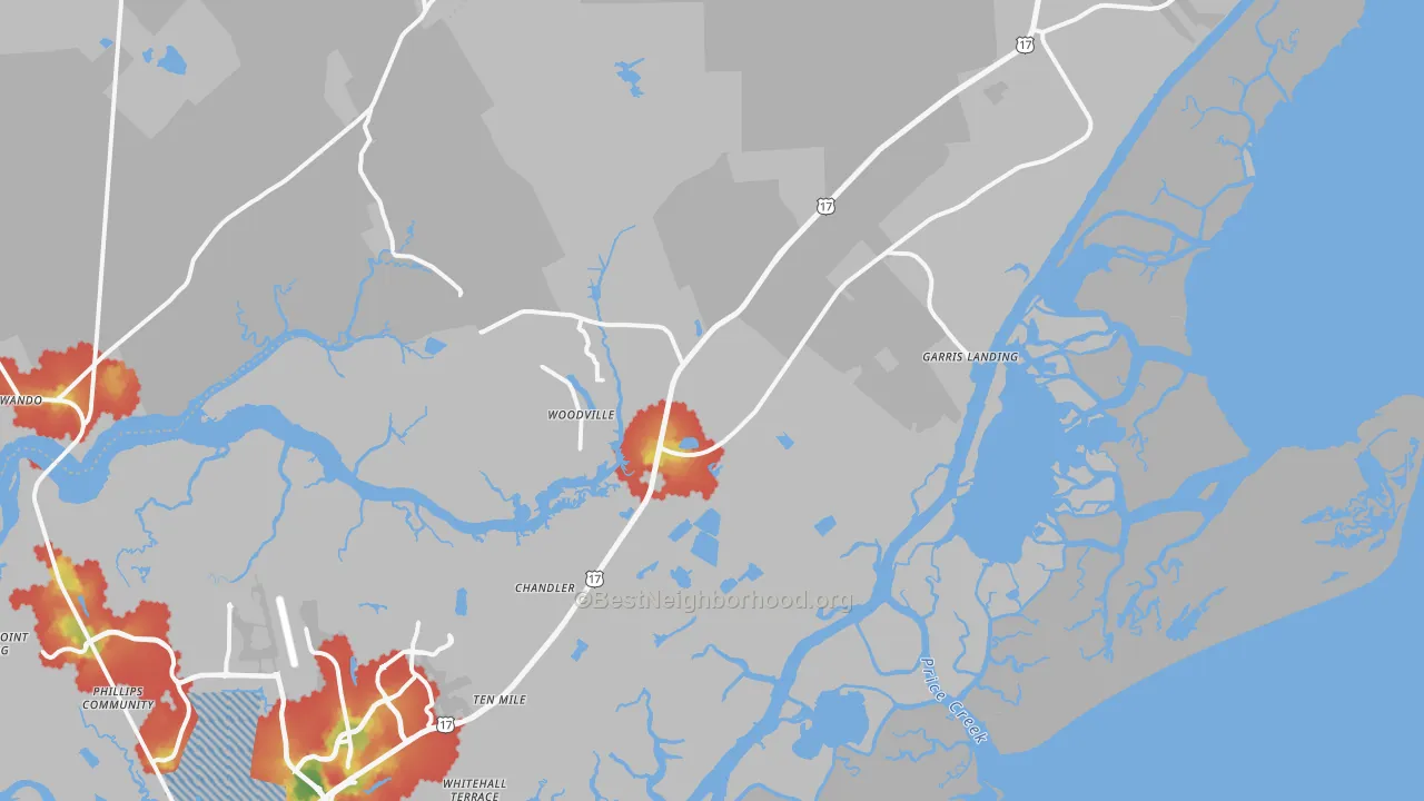 Walk Grade map of 29429, SC, walkable areas in green and car-dependent areas in red