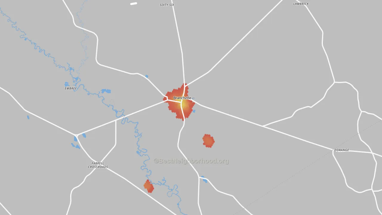 Walk Grade map of 29432, SC, walkable areas in green and car-dependent areas in red