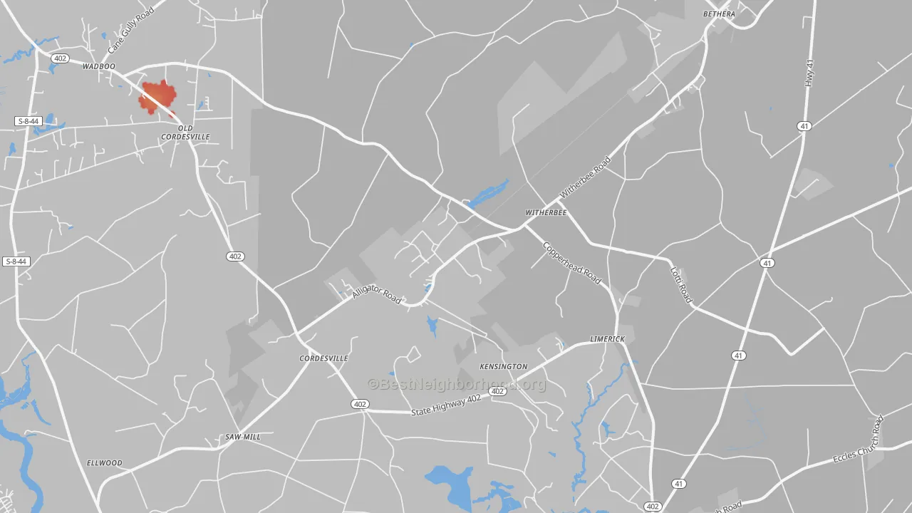 Walk Grade map of 29434, SC, walkable areas in green and car-dependent areas in red