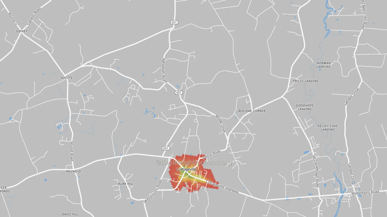 Walk Grade map of 29435, SC, walkable areas in green and car-dependent areas in red