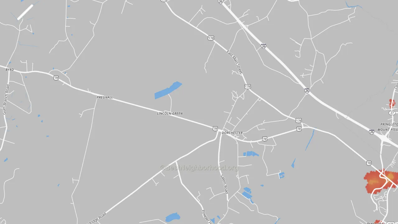 Walk Grade map of 29437, SC, walkable areas in green and car-dependent areas in red