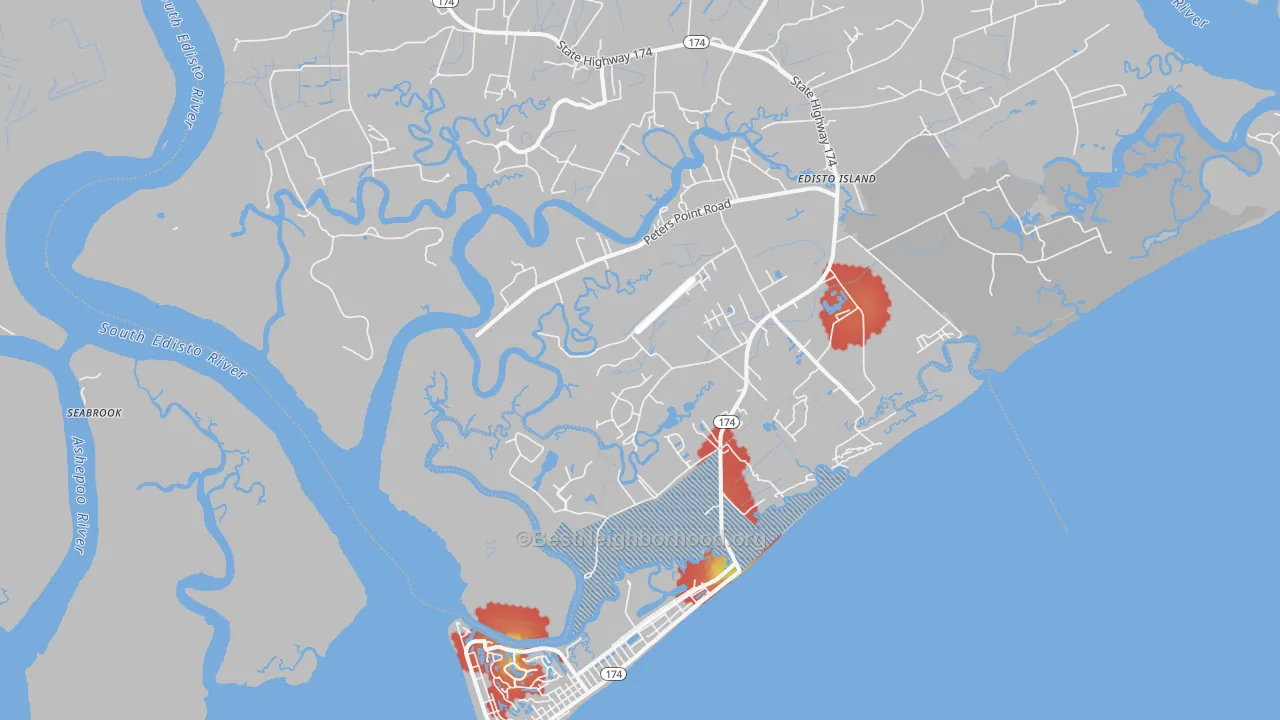 Walk Grade map of 29438, SC, walkable areas in green and car-dependent areas in red