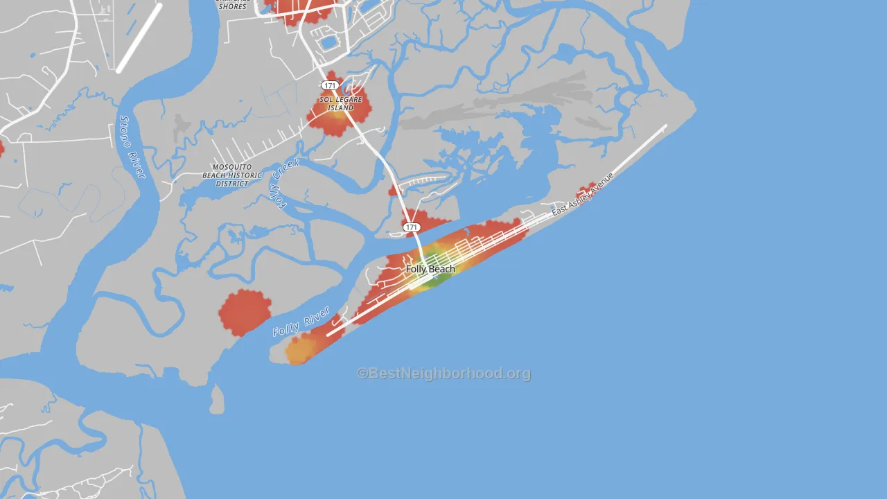 Walk Grade map of 29439, SC, walkable areas in green and car-dependent areas in red