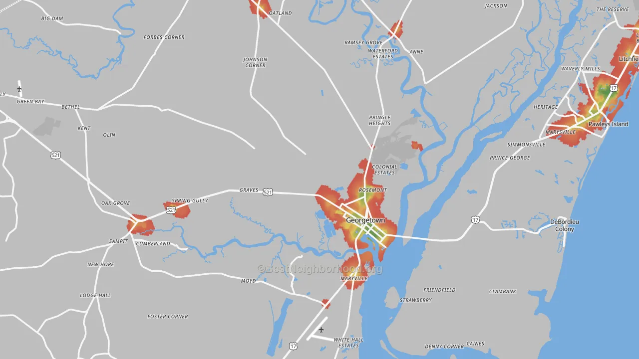 Walk Grade map of 29440, SC, walkable areas in green and car-dependent areas in red