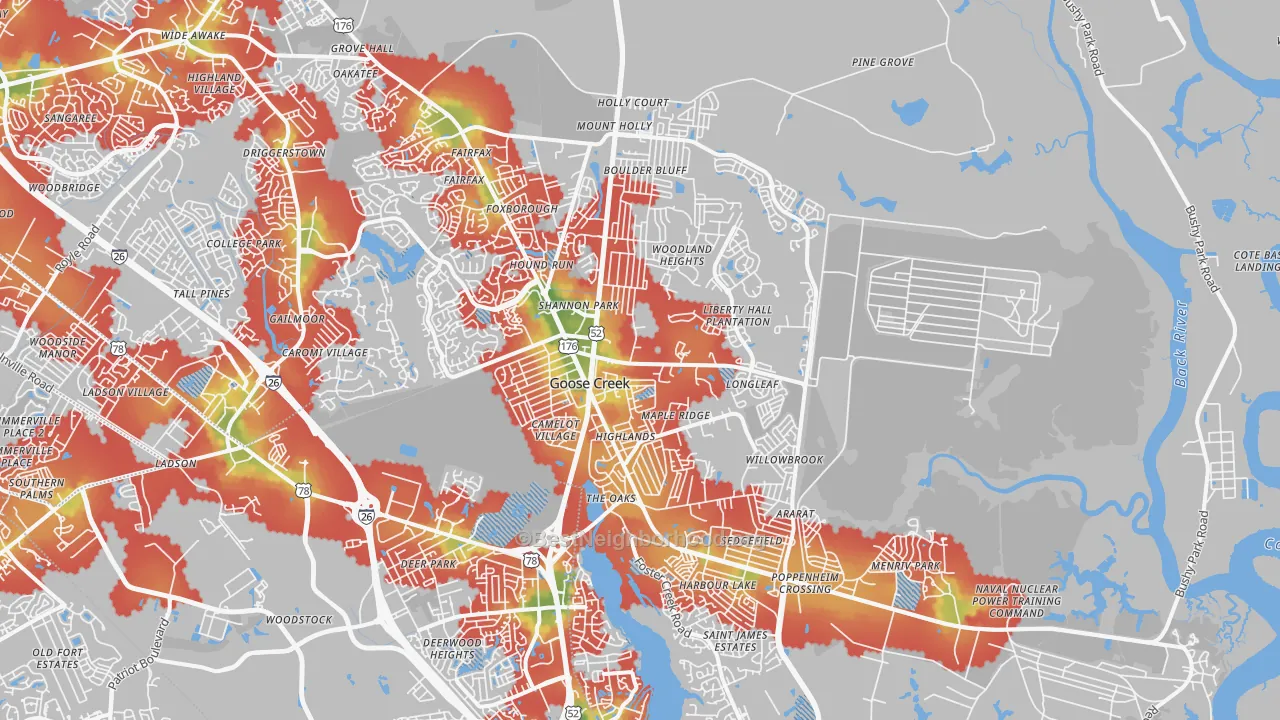 Walk Grade map of 29445, SC, walkable areas in green and car-dependent areas in red