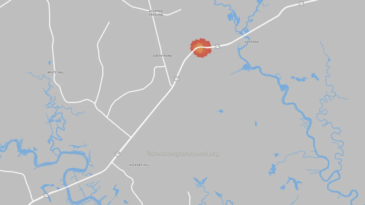 Walk Grade map of 29446, SC, walkable areas in green and car-dependent areas in red