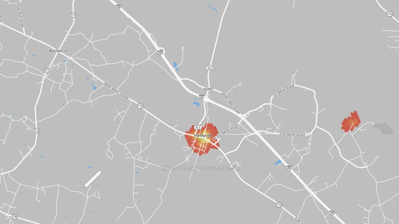 Walk Grade map of 29448, SC, walkable areas in green and car-dependent areas in red