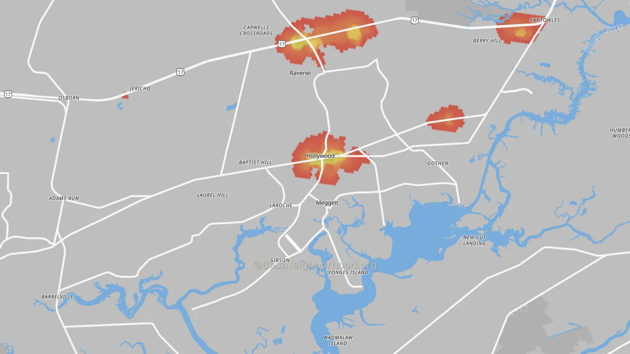 Walk Grade map of 29449, SC, walkable areas in green and car-dependent areas in red