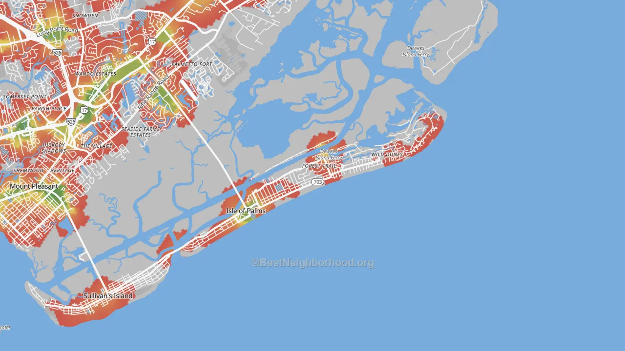 Walk Grade map of 29451, SC, walkable areas in green and car-dependent areas in red