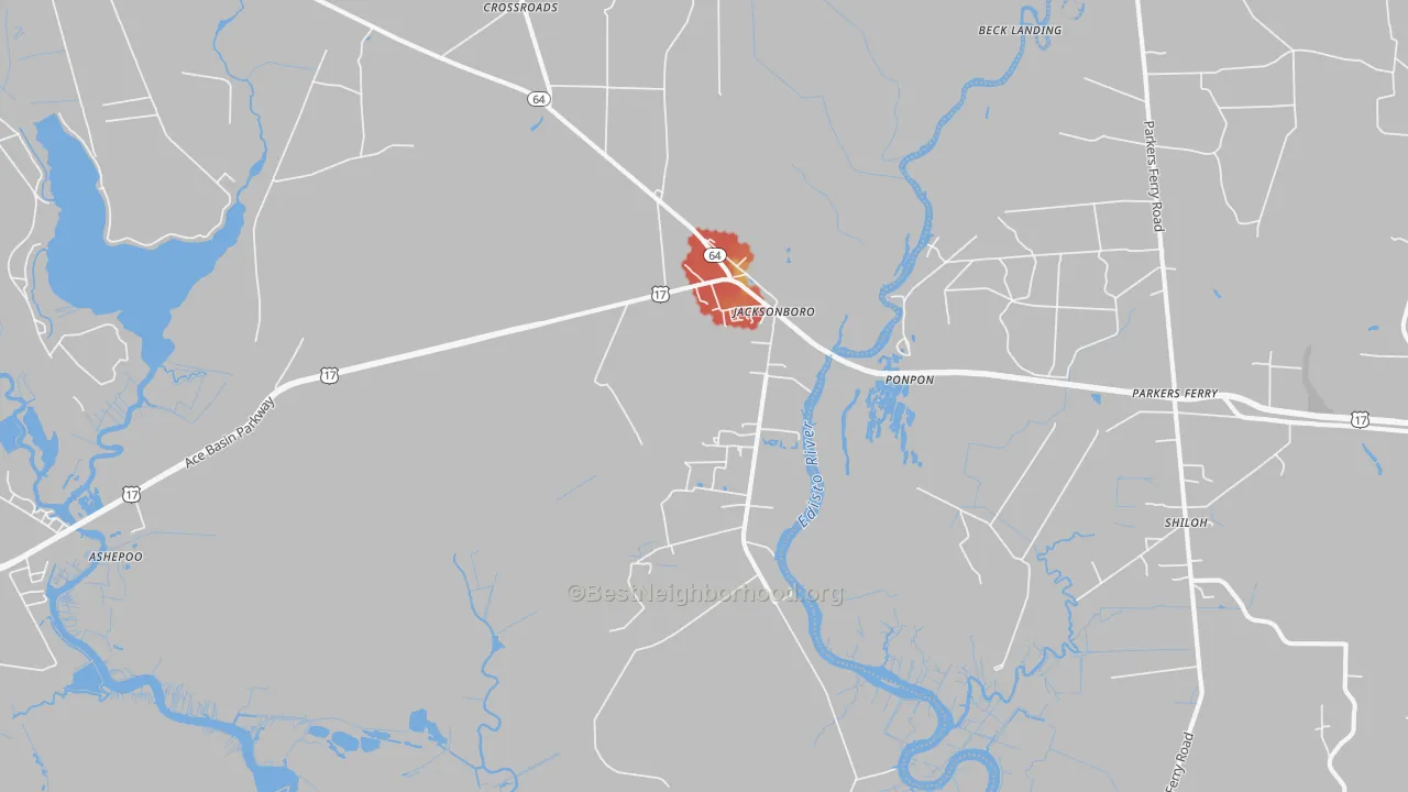 Walk Grade map of 29452, SC, walkable areas in green and car-dependent areas in red