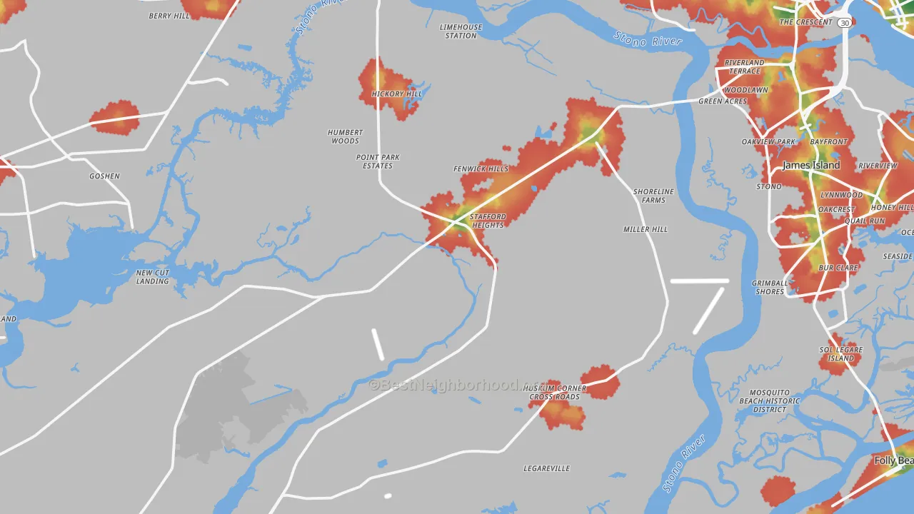 Walk Grade map of 29455, SC, walkable areas in green and car-dependent areas in red