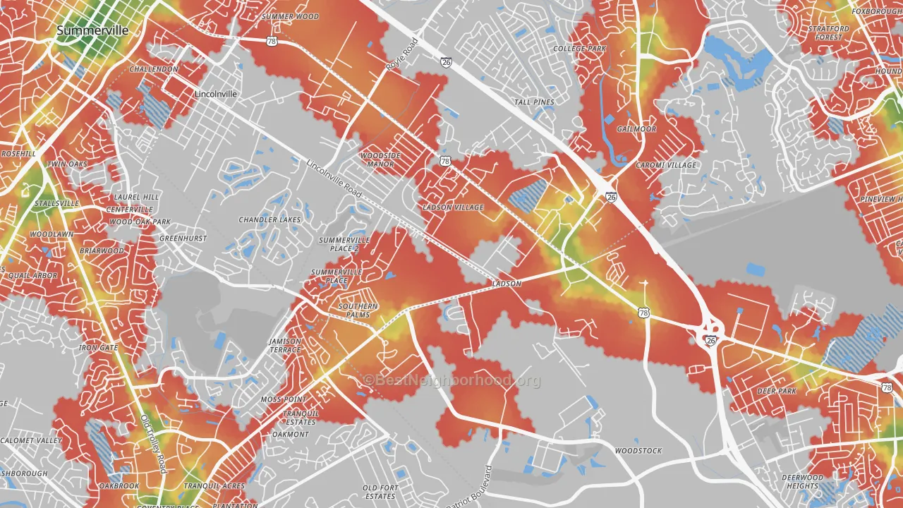 Walk Grade map of 29456, SC, walkable areas in green and car-dependent areas in red