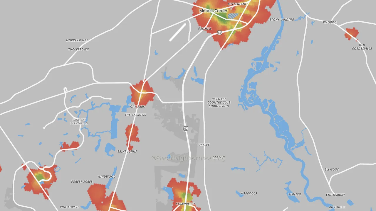 Walk Grade map of 29461, SC, walkable areas in green and car-dependent areas in red
