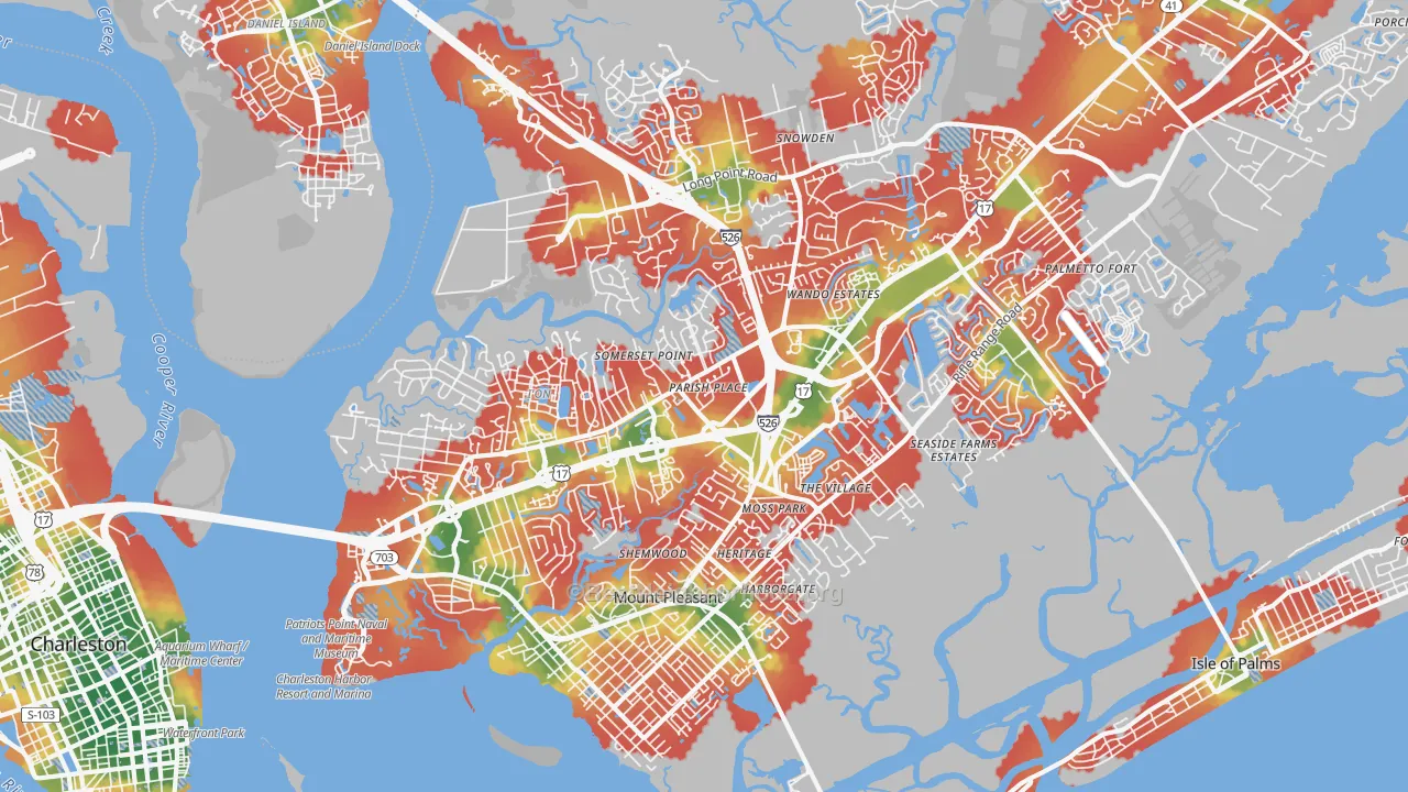 Walk Grade map of 29464, SC, walkable areas in green and car-dependent areas in red
