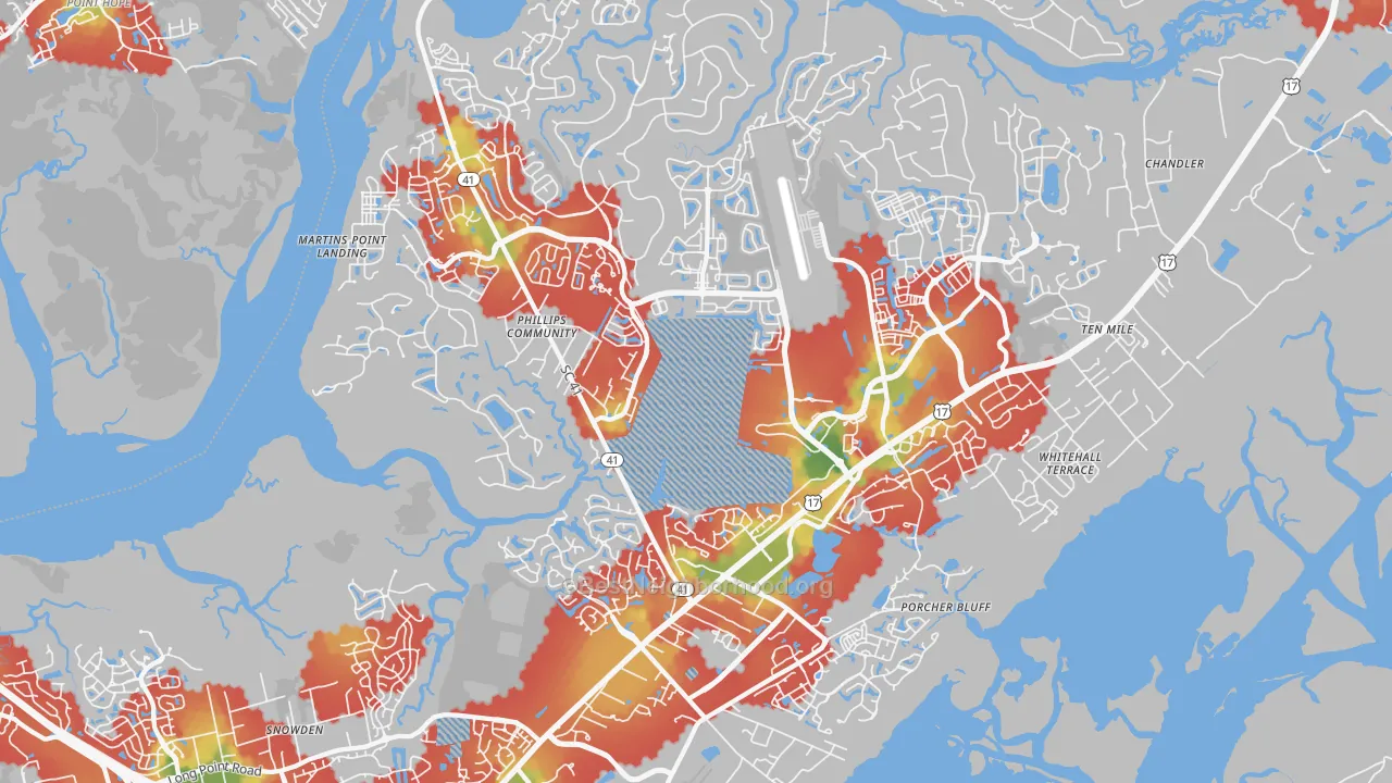 Walk Grade map of 29466, SC, walkable areas in green and car-dependent areas in red