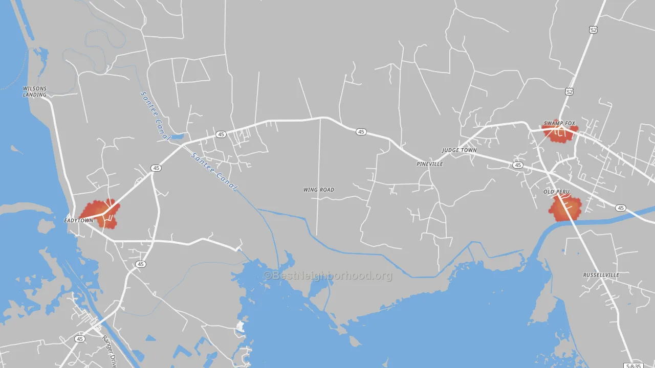 Walk Grade map of 29468, SC, walkable areas in green and car-dependent areas in red