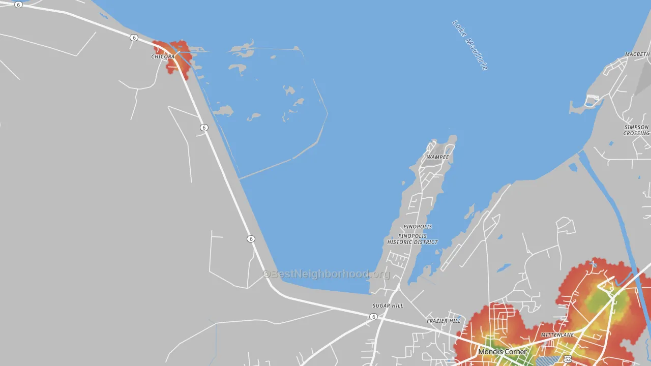 Walk Grade map of 29469, SC, walkable areas in green and car-dependent areas in red