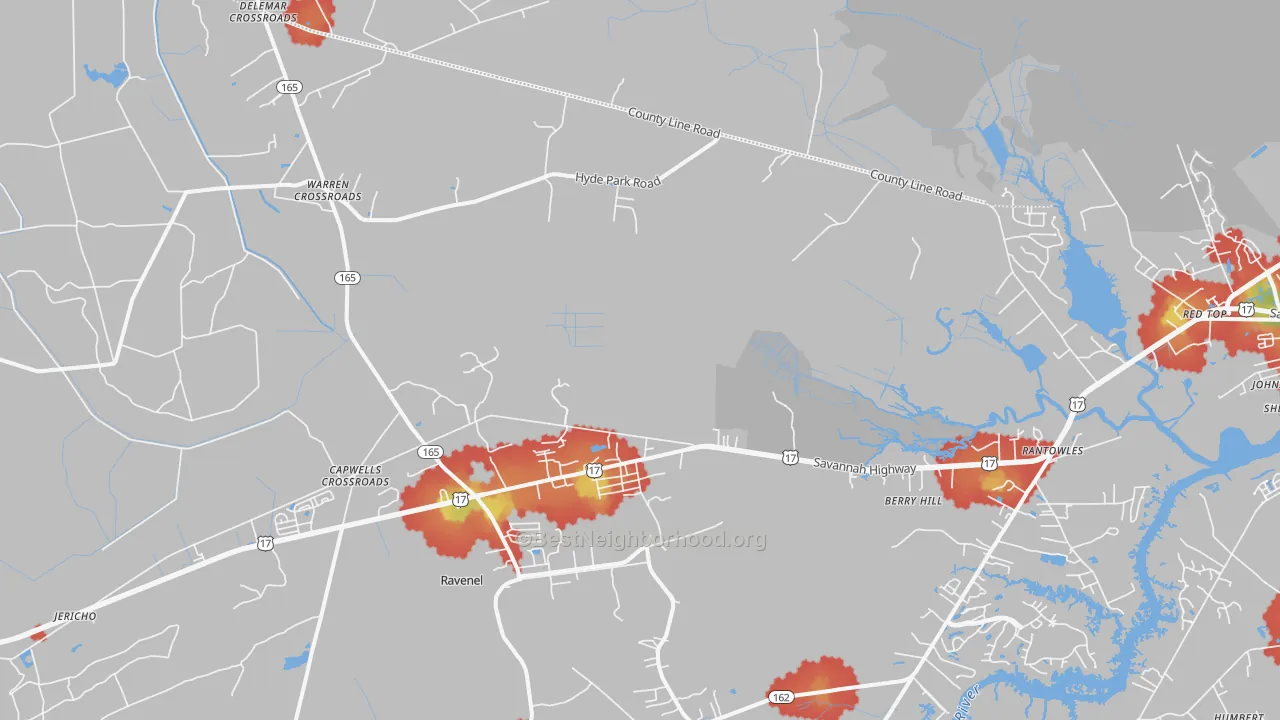 Walk Grade map of 29470, SC, walkable areas in green and car-dependent areas in red