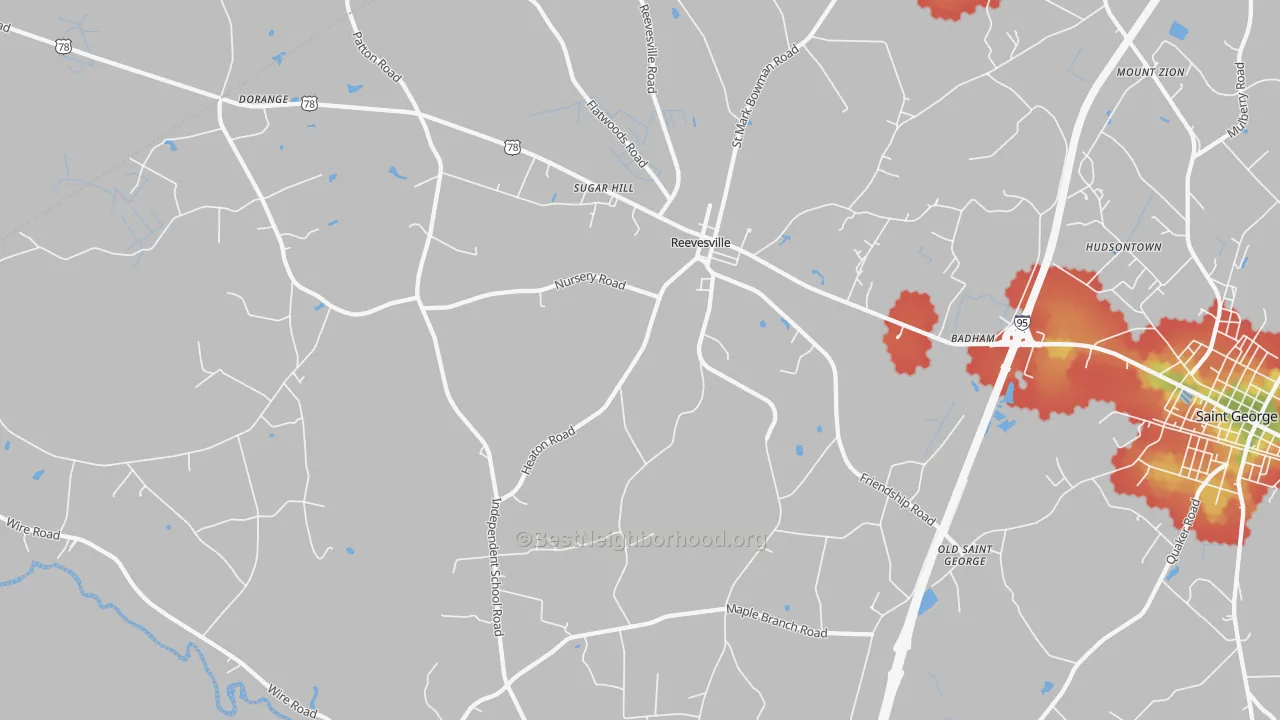Walk Grade map of 29471, SC, walkable areas in green and car-dependent areas in red
